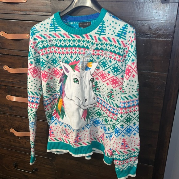 Blizzard Bay men’s ugly Christmas sweater featuring a 80s Holiday unicorn - Picture 4 of 10